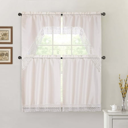 Ivory 4 Piece Kitchen Window Curtain Set Macrame Border 2 Swag