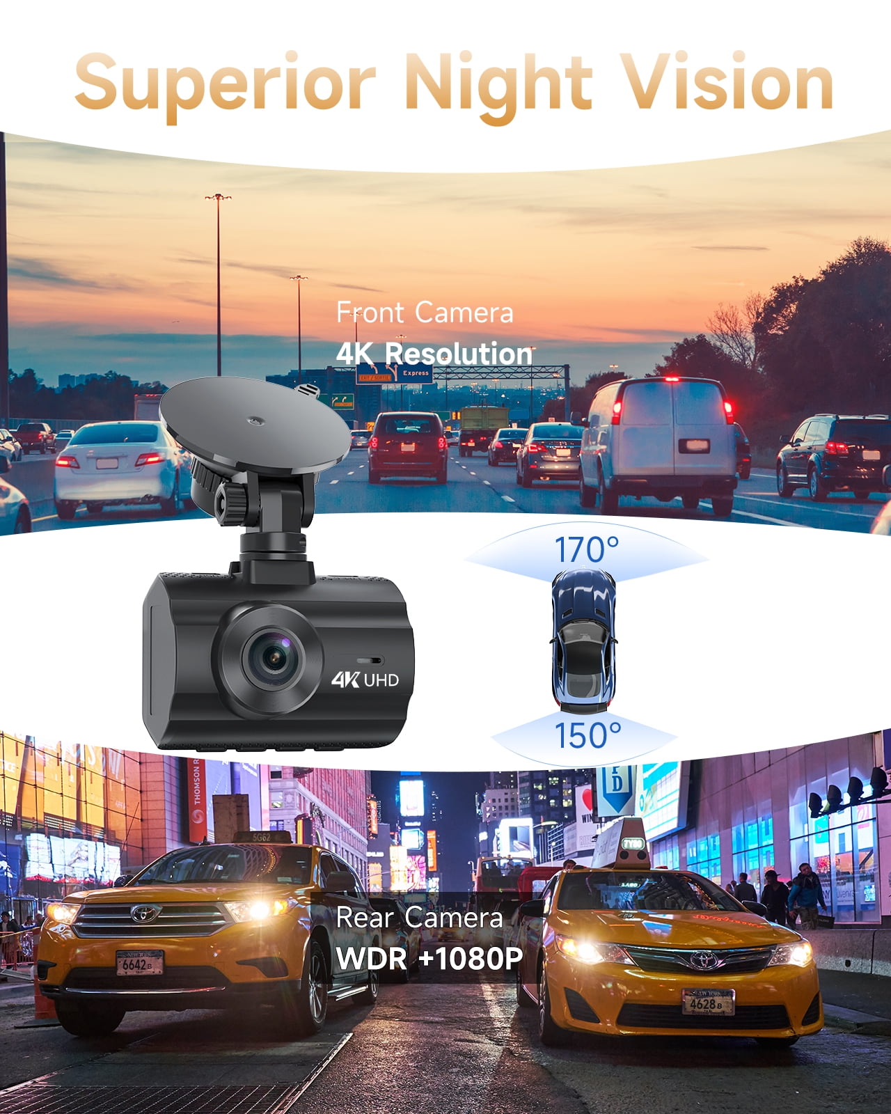 Dash Camera for Cars,4K Full UHD Car Camera Front Rear with Free 32GB SD  Card,Built-in Super Night Vision,2.0'' IPS Screen,170°Wide Angle,WDR, 24H