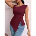 thumbnail image 6 of Womens Asymmetric Neck Slim Fit Cropped Solid Color Tshirt Elegant Basic Top Casual Chic Tee Chestnut Red M, 6 of 9