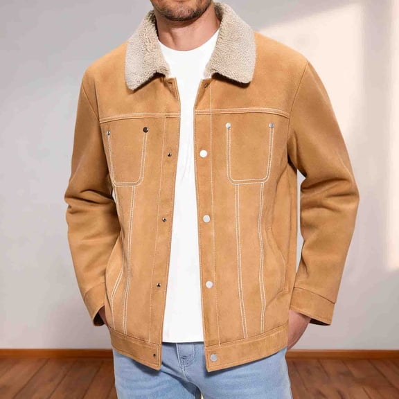 hlysgo Mens Trucker Jackets Winter Warm Lapel Button up Fleece Lined Barn Jacket Trendy Long Sleeve Solid Color Sherpa Coats Workwear Outerwear Khaki L