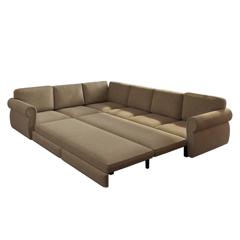 118" L-Shaped Convertible Sleeper Couch Bed, Chenille Upholstered Sectional Sofa with Pull-Out Sofa Bed, Modern Chesterfield Sofa for Living Room