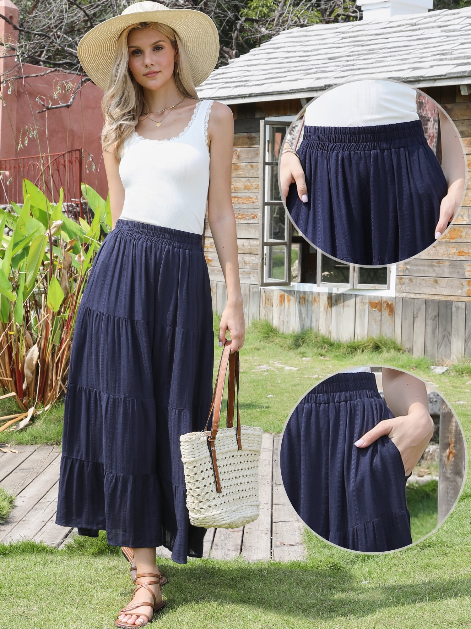 DARING DIVA Women's Summer Maxi Skirts Flowy Ruffle A-Line Skirt Large Dark Blue