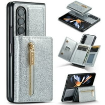 Dteck Zipper Wallet Case for Samsung Galaxy Z Fold 3 5G,Premium Glitter PU Leather Case Bling Magnetic 2 in 1 Detachable Card Pocket Kickstand Shockproof Rubber Cover,Silver
