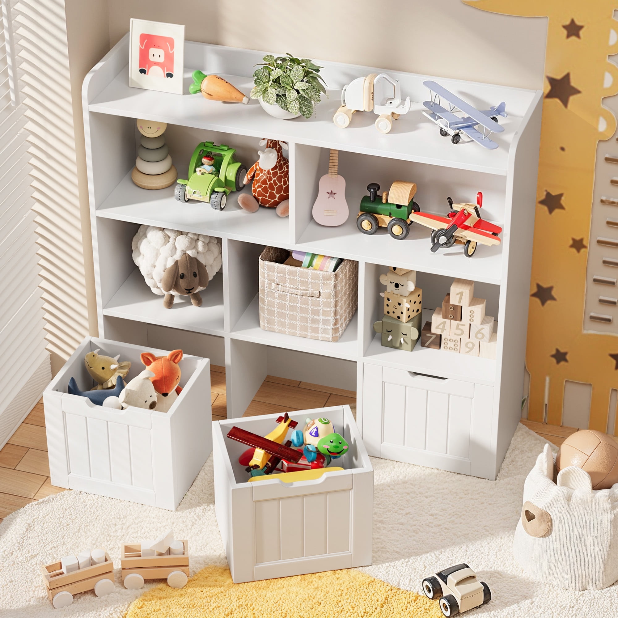 Toy Storage Organizer, Lofka Kids Bookcase with 3 Movable Drawers and 6 Open Shelves  for Nursery, Kids' Bedroom & Home, White