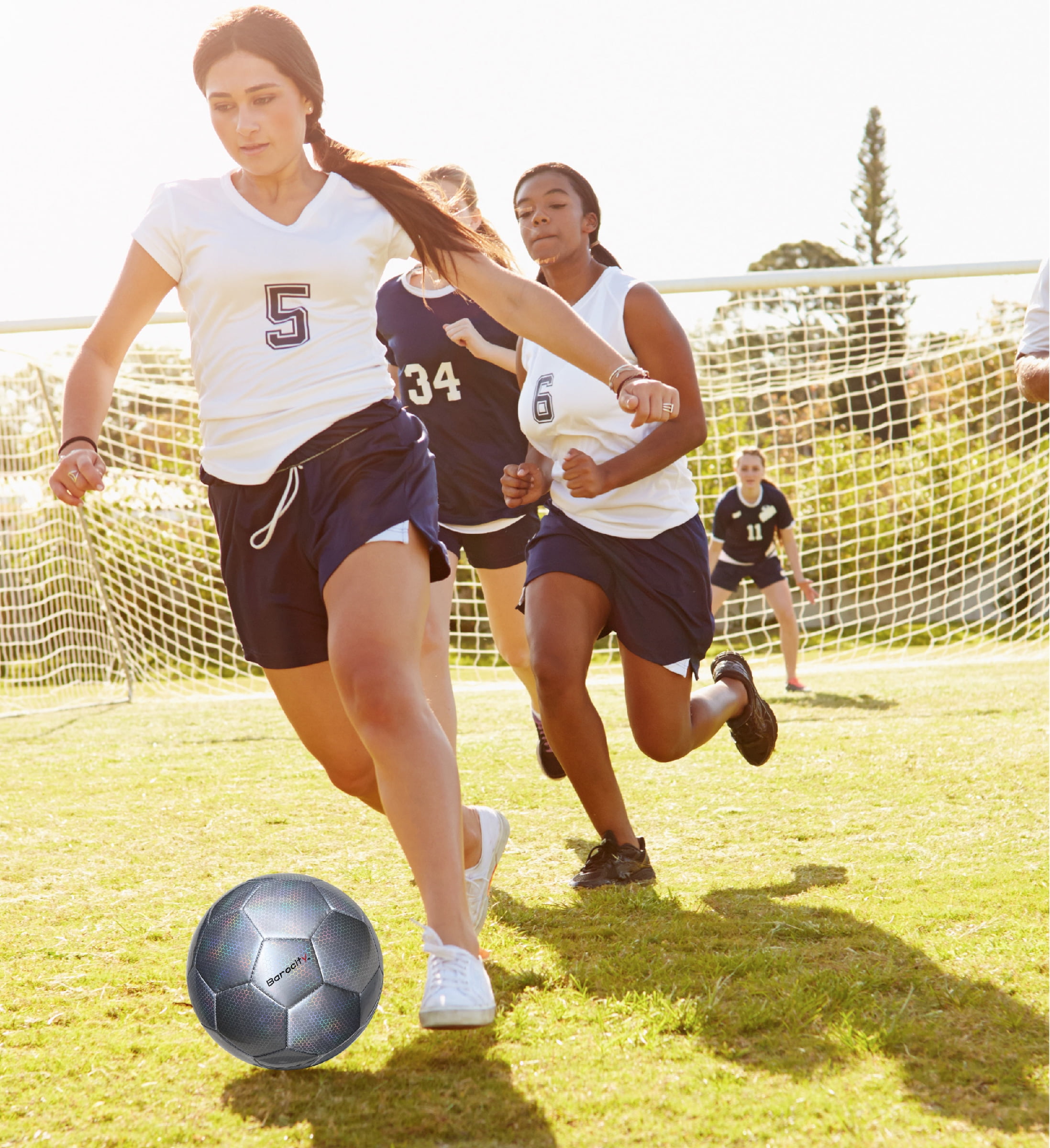 Barocity Iridescent Soccer Balls Set of 3 - Mixed Sizes Silver Official Match Balls with Reflective Hex Pattern, Sport Soccer Balls for Indoor and Outdoor Training and Practice Games- Sizes 3, 4 and 5