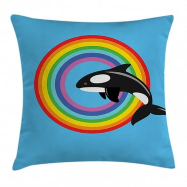 Whale Decor Throw Pillow Cushion Cover, Modern Design with a Killer Whale Jumping into a Circle Made from Rainbow, Decorative Square Accent Pillow Case, 16 X 16 Inches, Multi Colored, by Ambesonne