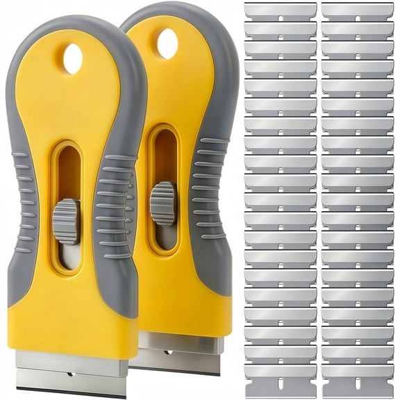 2 Pack Plastic Retractable Razor Scraper Set with 40 Metal Replacement Blades,Labels Decal & Adhesive Remover for Glass, Windows, Car, Tile & Stove Surfaces