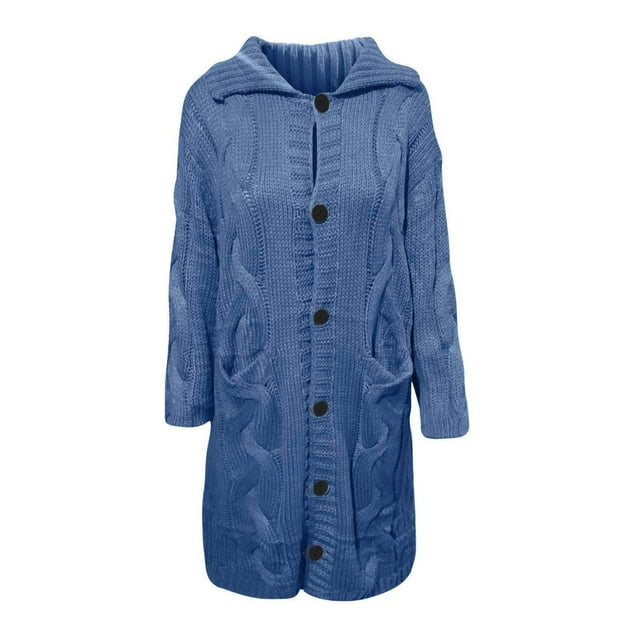 BiZtdJrK Cable Knit Open Front Sweaters for Women Plus Size Single Breasted Lapel Long Cardigan Hoodless Jackets with Pockets Blue M Fall Savings
