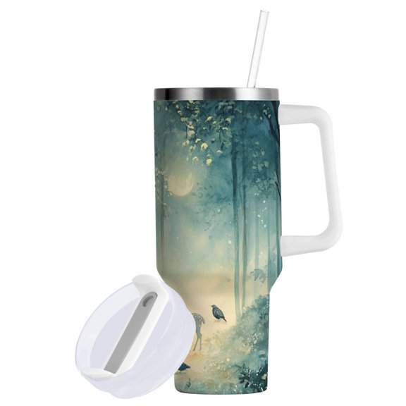 Yayeee 40oz Stainless Steel Tumbler with Straw and Handle Double-Wall Insulated Travel Water Bottle, Night Forest Scene