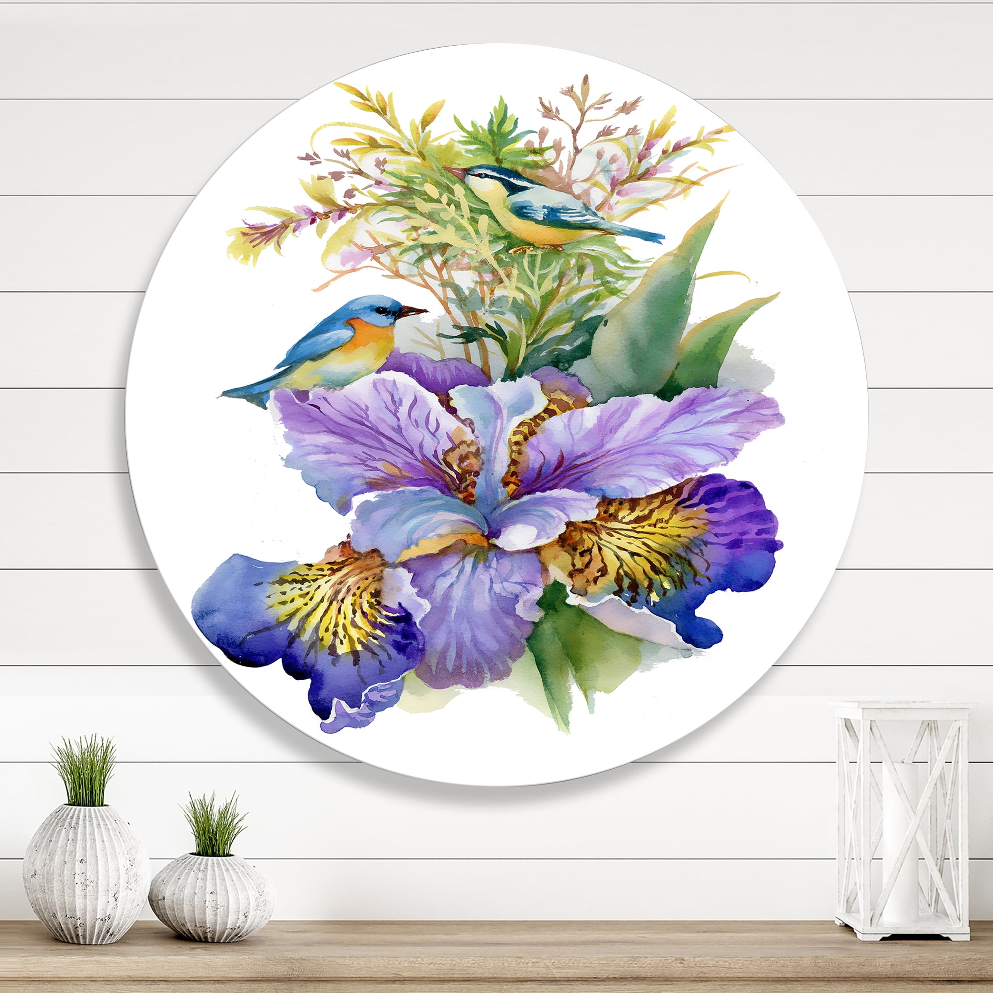 Designart 'Birds With Purple Iris' Traditional Circle Metal Wall Art 23x23 - Disc of 23