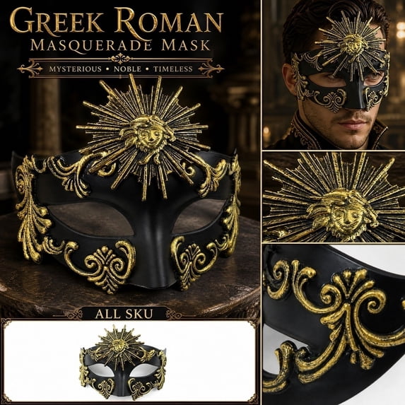 Black and Gold Masquerade Mask, 7 X 6 Inch Venetian Masquerade Masks for Men, Halloween Accessory for Masquerade Party, Mardi Gras Event, Gold 1 Pack