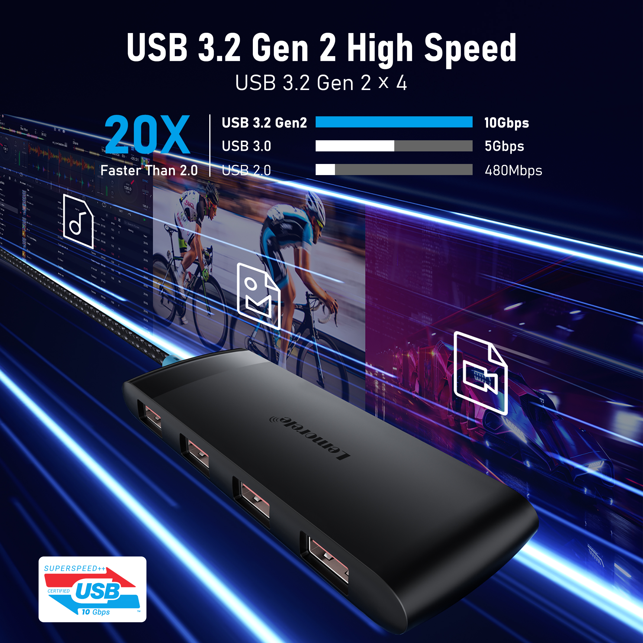 Lemorele 5-in-1 USB C Hub, 4 USB Type-A 3.2 Gen 2  10Gbps, USB Adapter Plug and Play,60CM Cable Length