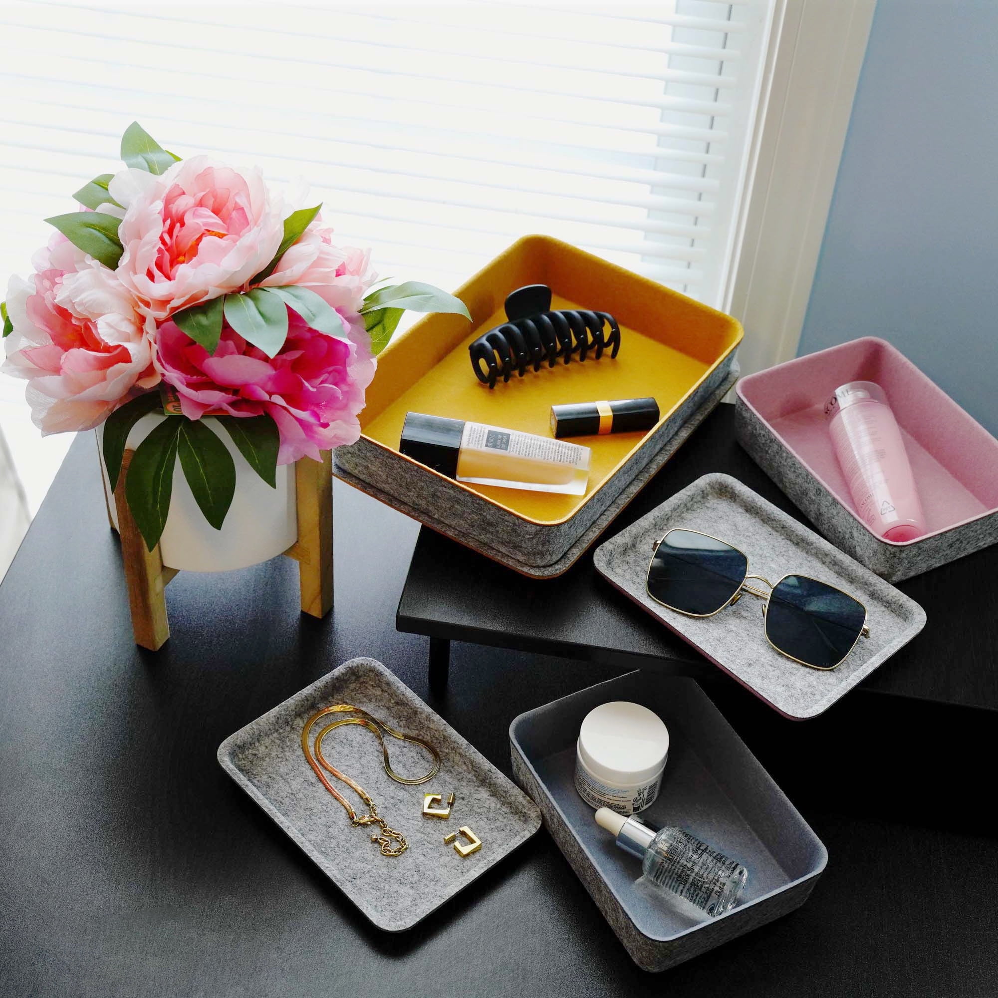 Welaxy Lidded Felt Drawer Organizer Bin with lids Desktop Stackable Organizer Storage box for crafts office supplies pen notes Junk Makeup Stationery Organize 3-Pack (Curry+Dusty rose +Glacier gray)