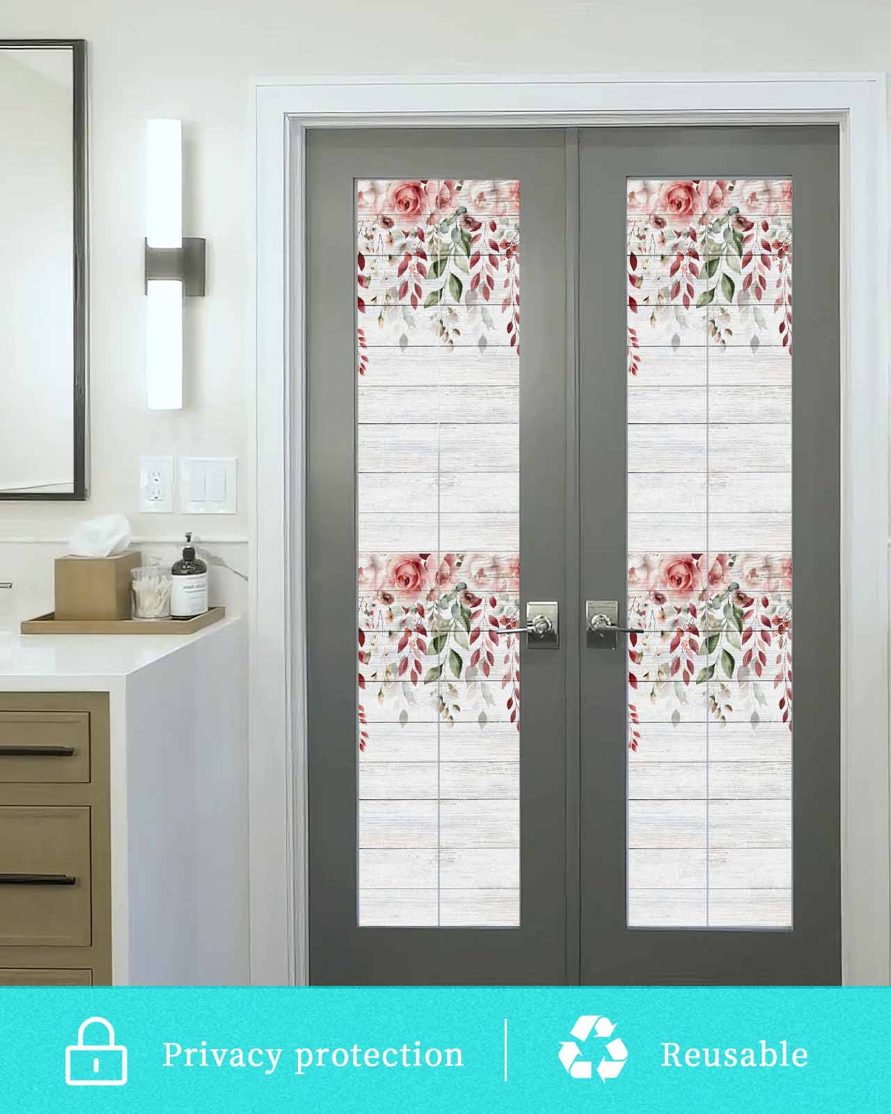 Pink Valentine's Day Window Privacy Film Stained Glass Window Film Decorative Windows Cover Static Windows Cling for Glass Door Roses Spring Floral Wooden Farmhouse Stickers for Bathroom 17.7"x78.7"