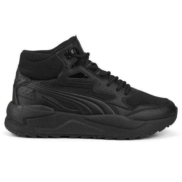 tenis hombre puma x-ray speed botãn urbanos cã³modos negro 27.5 perfil lateral derecho de zapatilla negra con suela gruesa para estabilidad, parte superior en material sintético y malla, cierre de agujetas ajustable, paneles estructurados y logo PUMA en el costado; fondo blanco.