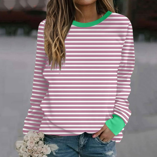 Simua Hauts à Rayures pour Femmes Vêtements d'Automne 2024 Manches Longues Chandails en Molleton Doux Col Rond Y2K