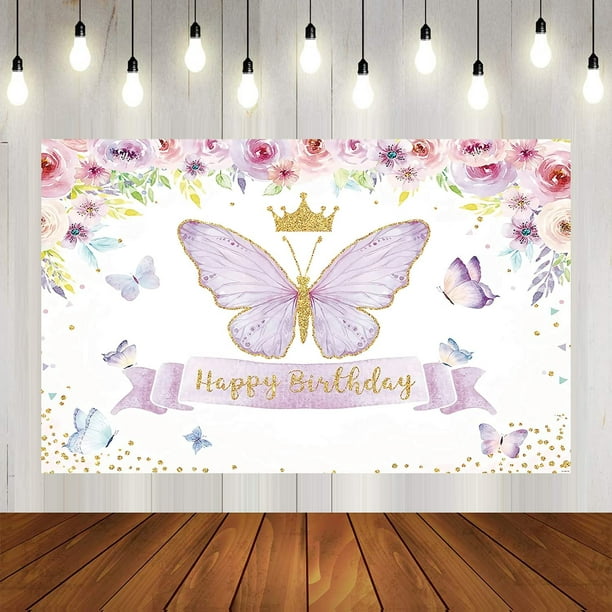 Fournitures de tissu de fond de fête d'anniversaire de papillon, bannière  de douche de bébé de dessin animé de 5x3ft. Convient pour la décoration de  fête d'anniversaire de fille de garçons. 