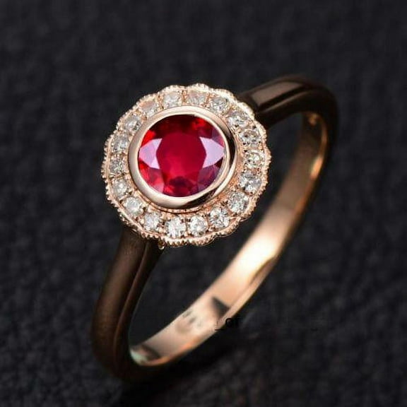 Limited Time Sale 1.25 Carat Antique Design Vintage Red Ruby and Diamond Halo Engagement Ring in 10k Rose Gold for Women on Sale