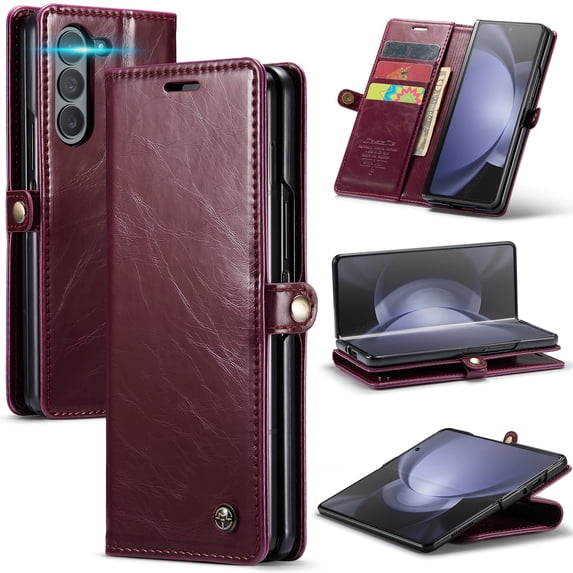 SaniMore for Samsung Galaxy Z Fold 5 (7.6" 2023) Case, PU Leather Auto-magnet Full Protection Flip Kickstand Card & Cash Slots, Retro Shockproof Anti-fall Wallet Business Shell, Winered