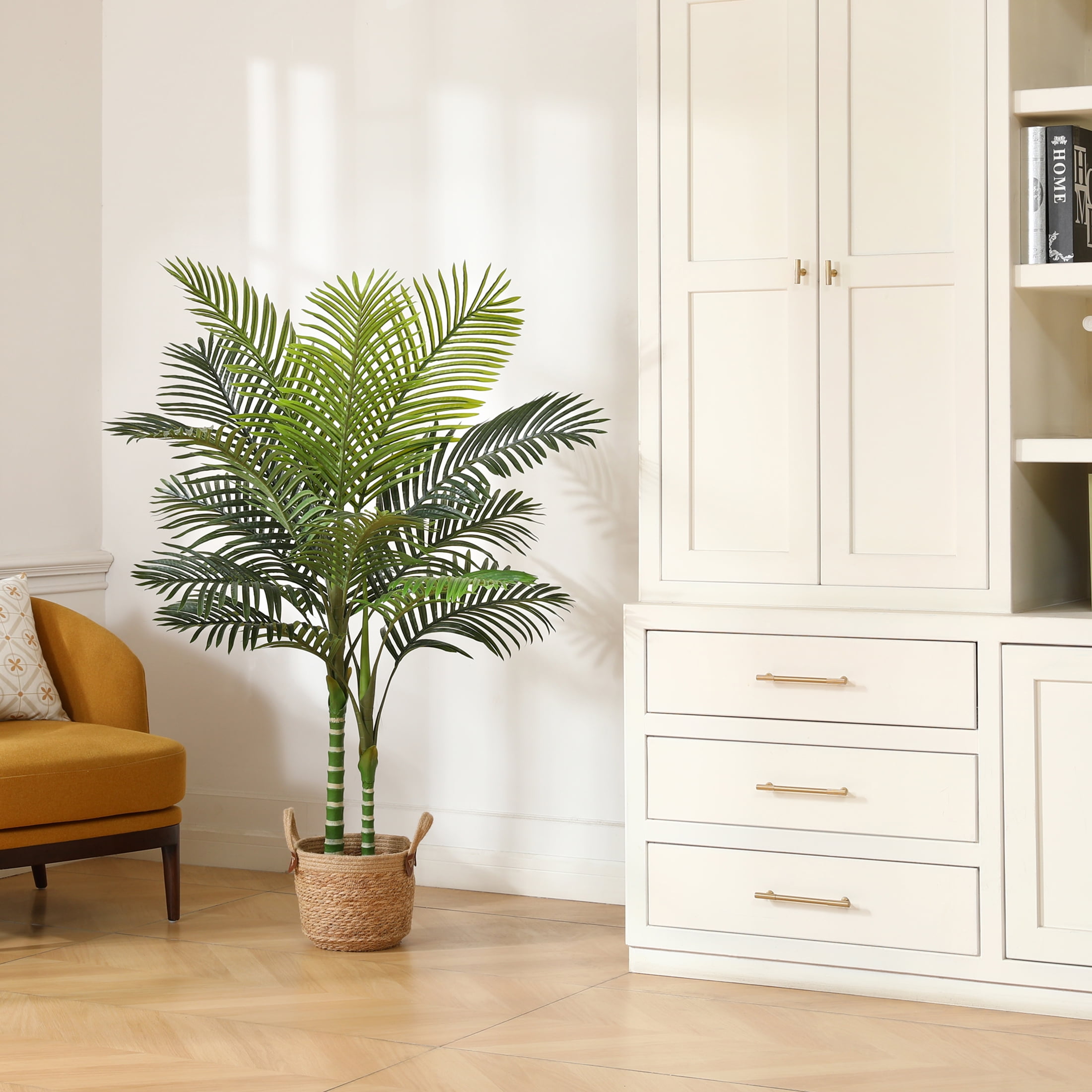 Artificial Golden Cane Palm Plants 5 Feet Fake Tree for Home Decor Indoor Outdoor Faux Areca Palm Tree in Pot for Home Office Perfect Housewarming Gift,Set of 1