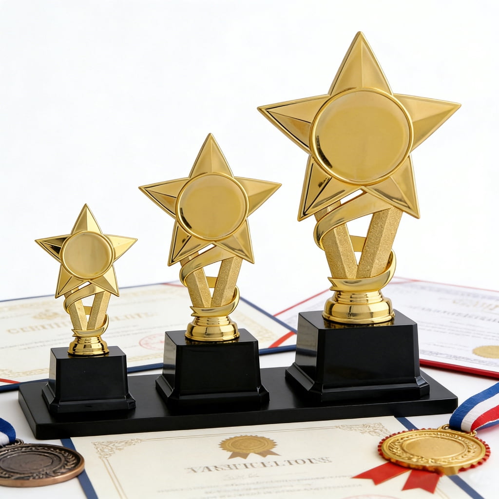 Small Media Large Golden Colored Star Trophies Light weight Star Award Trophies for Winners Of Team Sports