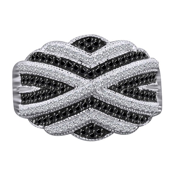 AFFY 1/2 Carat Round White & Black Natural Diamond Cocktail Ring In 10k Solid White Gold