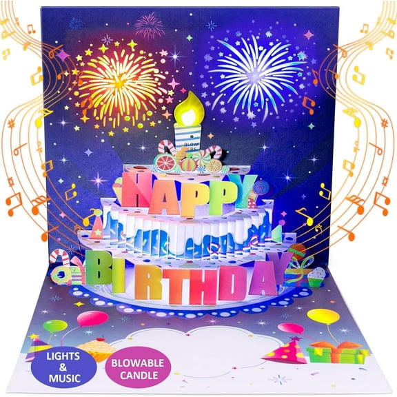 Birthday Card with Music & LED Lights - Interactive Cake Design, Sound Effects & Colored Confetti - Perfect Gift for Adults/Kids（‌3D Pop-Up)