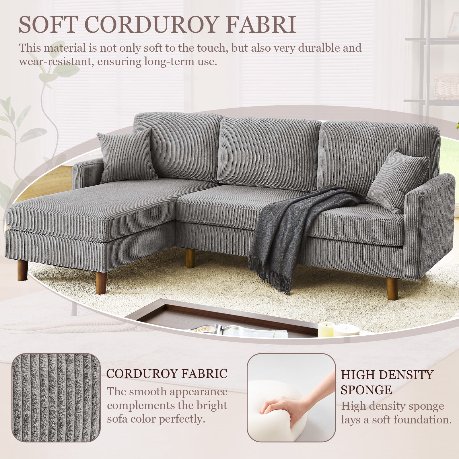 MOONMISS 93" Sectional Sofa , L-Shaped 3-Seat Sofa Couch with Chaise for Livingroom,Gray