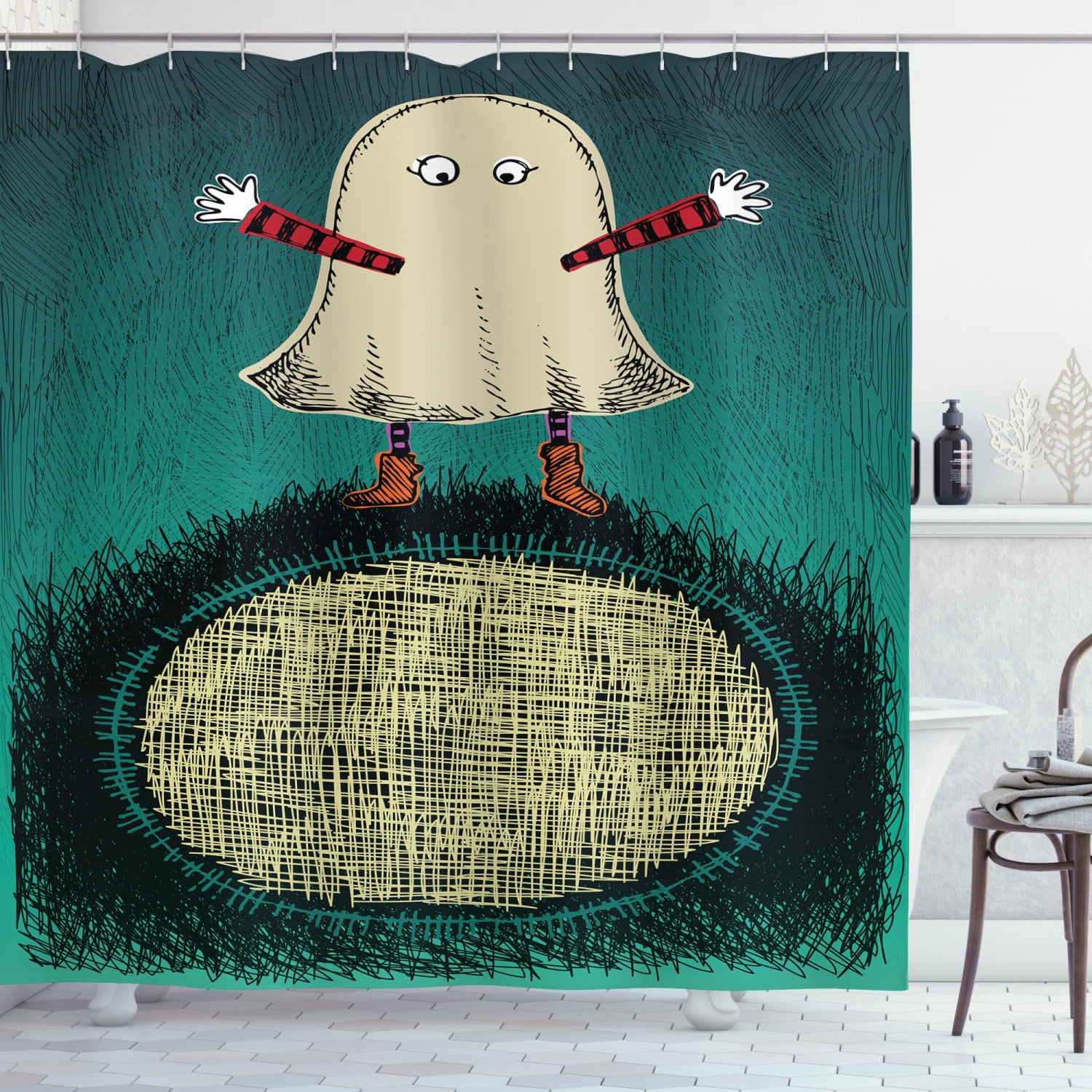 Ghost Shower Curtain, Sketchy Doodle Design with a Funny Kid in a Ghost