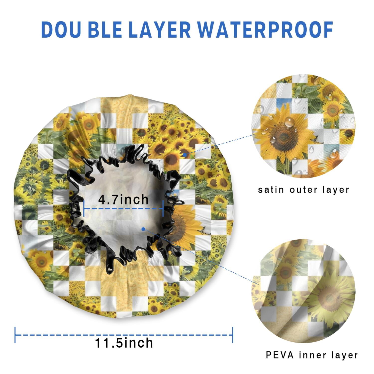 Shower Caps,Sunflower Checkered Pattern Waterproof Shower Cap for Women 4 Pieces,Double Reusable Hair Cover for Shower PEVA Elastic Stretch Hem
