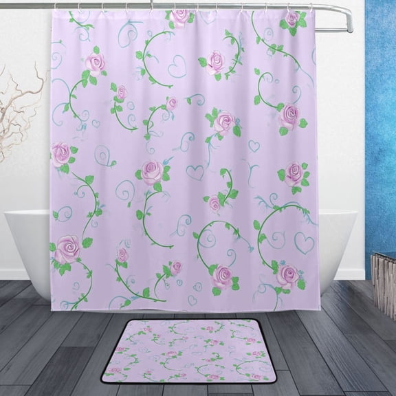 Bath Curtain & Non-Slip Bath Mat Set 12-Grommet Shower Curtain Memory Foam Bath Rug Chic Rose Pattern