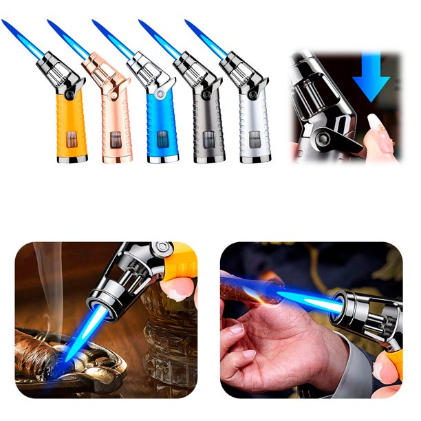 Encendedor de soplete de butano | Diseño metálico recargable a prueba de viento Blue Flame | Llama ajustable | Encendido electrónico | Cerradura de seguridad | Portátil para barbacoa, acampada, uso