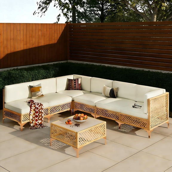 LAZZO 7 Pieces Outdoor Conversation Set, PE Rattan Wicker Patio Furniture Sets, All Weather Sectional Sofa with Beige Cushions