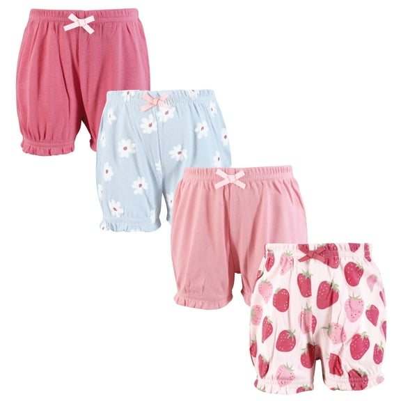 Hudson Baby Infant Girls Shorts Bottoms 4-Pack, Strawberry Love, 0-3 Months