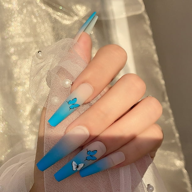Extra Long Fake Nails Ballet False Nail Matte Baby Blue Butterfly Printing Press On Nails With Designs Acrylic Full Cover False Nails For Women And Girls Walmart Com