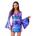 thumbnail image 1 of Fldy Robe de Danse Disco des Années 70 pour Femmes, Métallique Brillante, Col en V, Manches Évasées, Mini Robe pour Halloween, Bleu m, 1 of 7