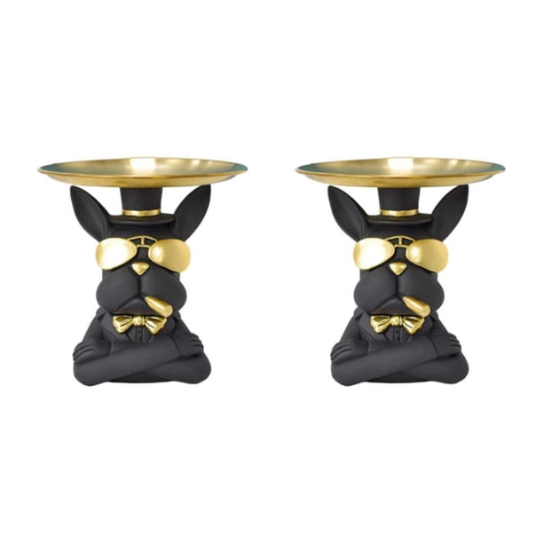 Billuyoard Cool Bulldog Statue Desk Sundries Container Tray Dog Decoration Home Animal Negro 2piezas