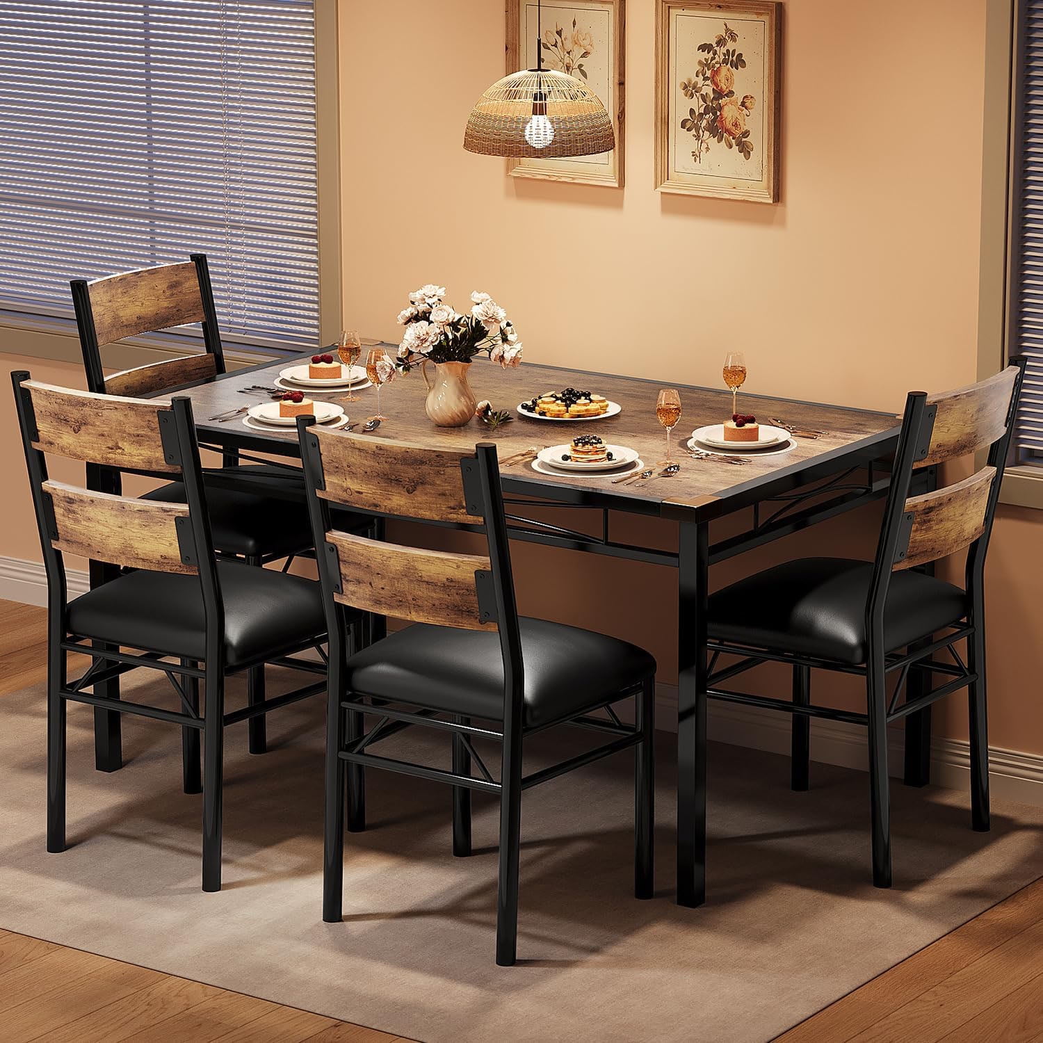 Studyset Dining Table Set for 4, Wood Kitchen Table with 4 Upholstered Chairs, Kitchen Table Chairs Set of 4 w/Collision Angle for Small Space, Dining Room, Apartment, Rustic Brown
