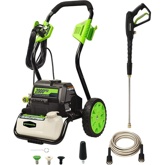 Greenworks 2000 PSI 1.2 GPM Cold Water Electric Pressure Washer, High Pressure Hose, 25°,40°, Soap and Turbo Nozzles