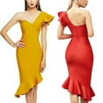 thumbnail image 6 of Women's Packaged Hip V-Neck Flounce Ruffle One Shoulder Celebrity Trumpet Bandage Dress Mustard L, 6 of 7