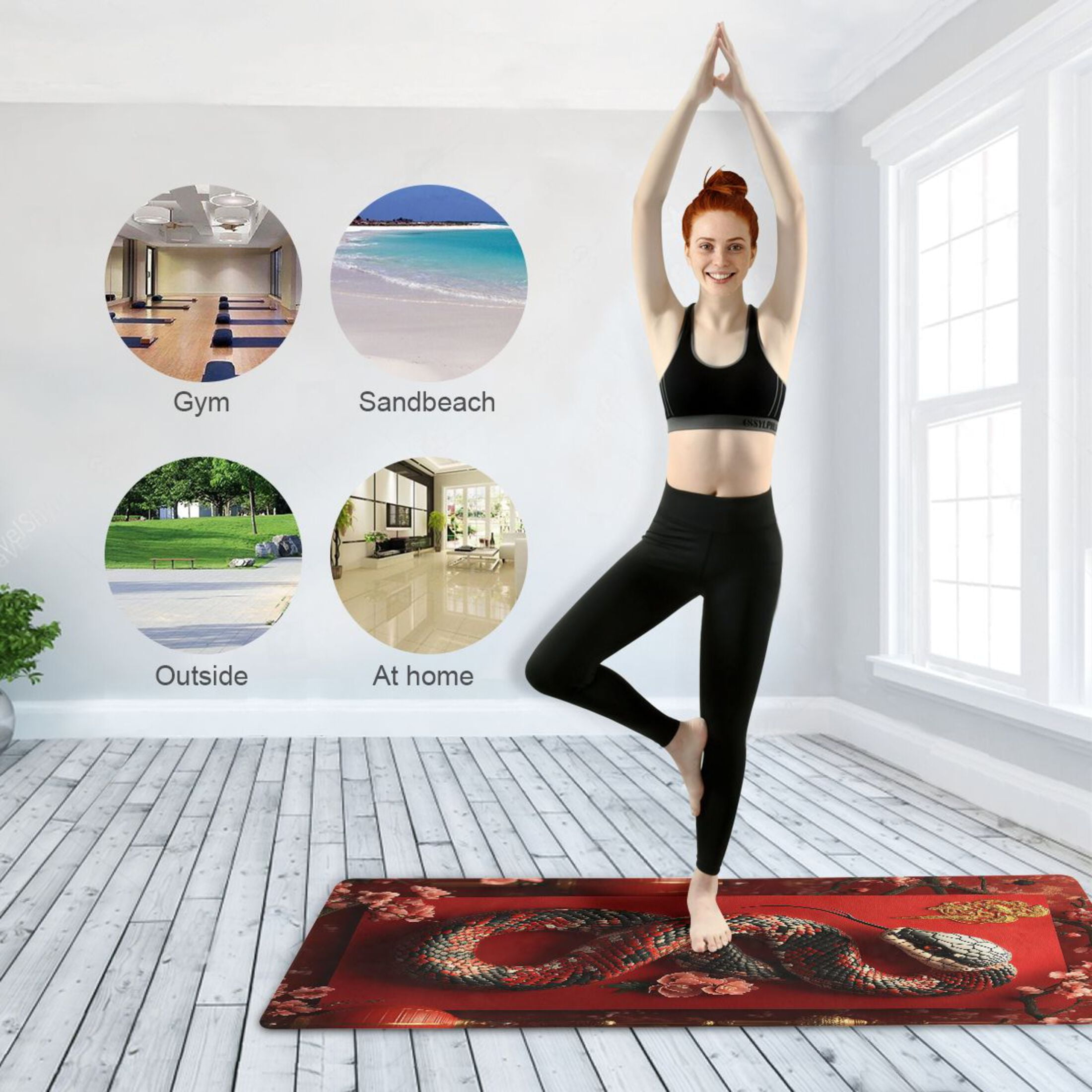 BZSMCE Yoga Mat Women Red Bloom Snake Fitness Mat