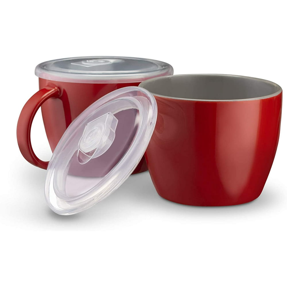 Kook Ceramic Soup Mugs with Lids , 25 oz, Set of 2 , Cherry/Grey