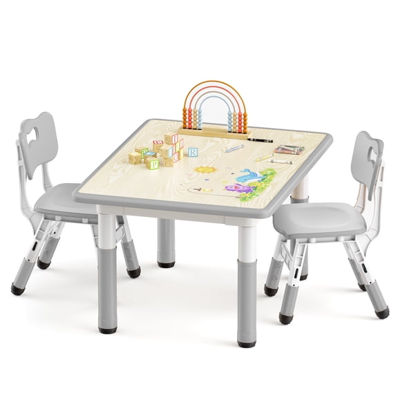 LINLUX Kids Table and 2 Chairs Set, Height Adjustable Table & Chairs, Spacious Activity Table for Toddlers, Gray