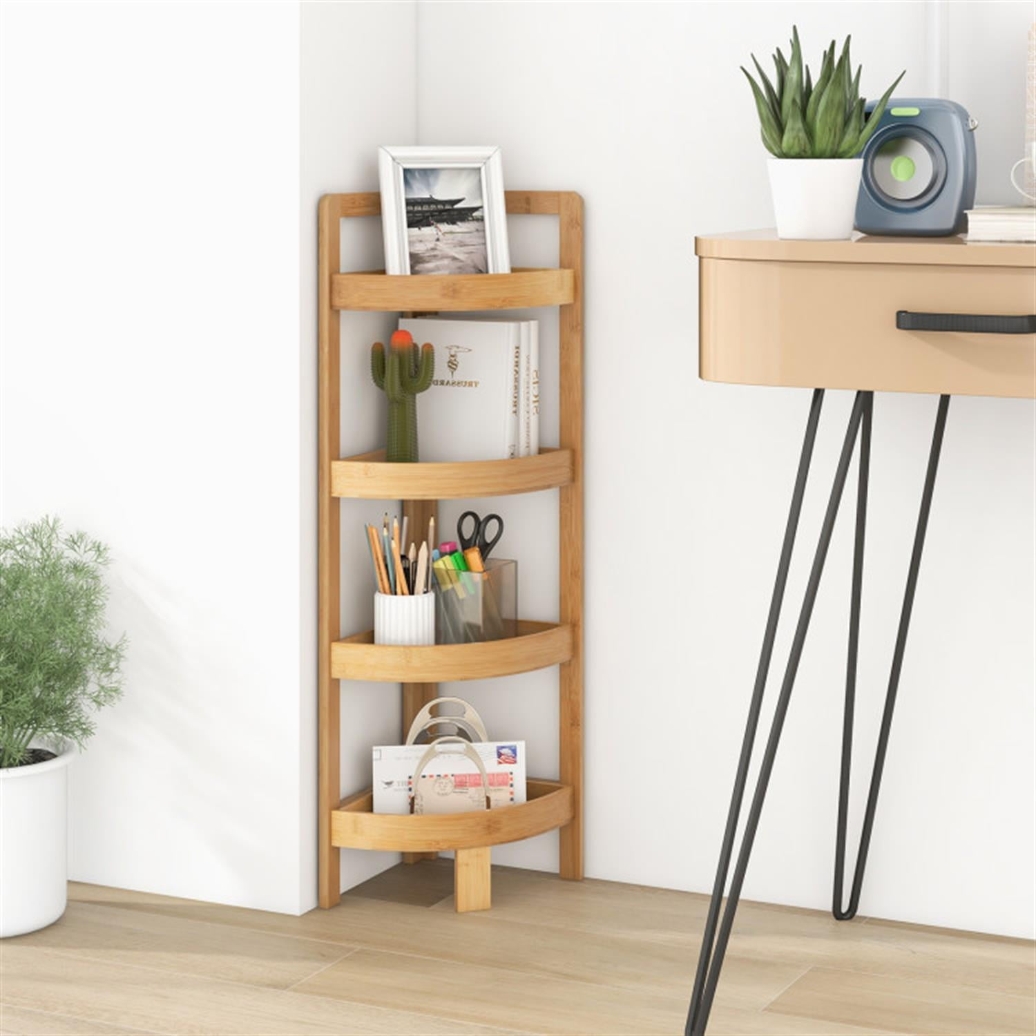 Demi Bonn 31" Corner Shelf, 4-Tier Freestanding Bamboo Display Shelving Tower, Storage Organizer Shelving Unit for Living Room, Bathroom, Kitchen and Office, Beige