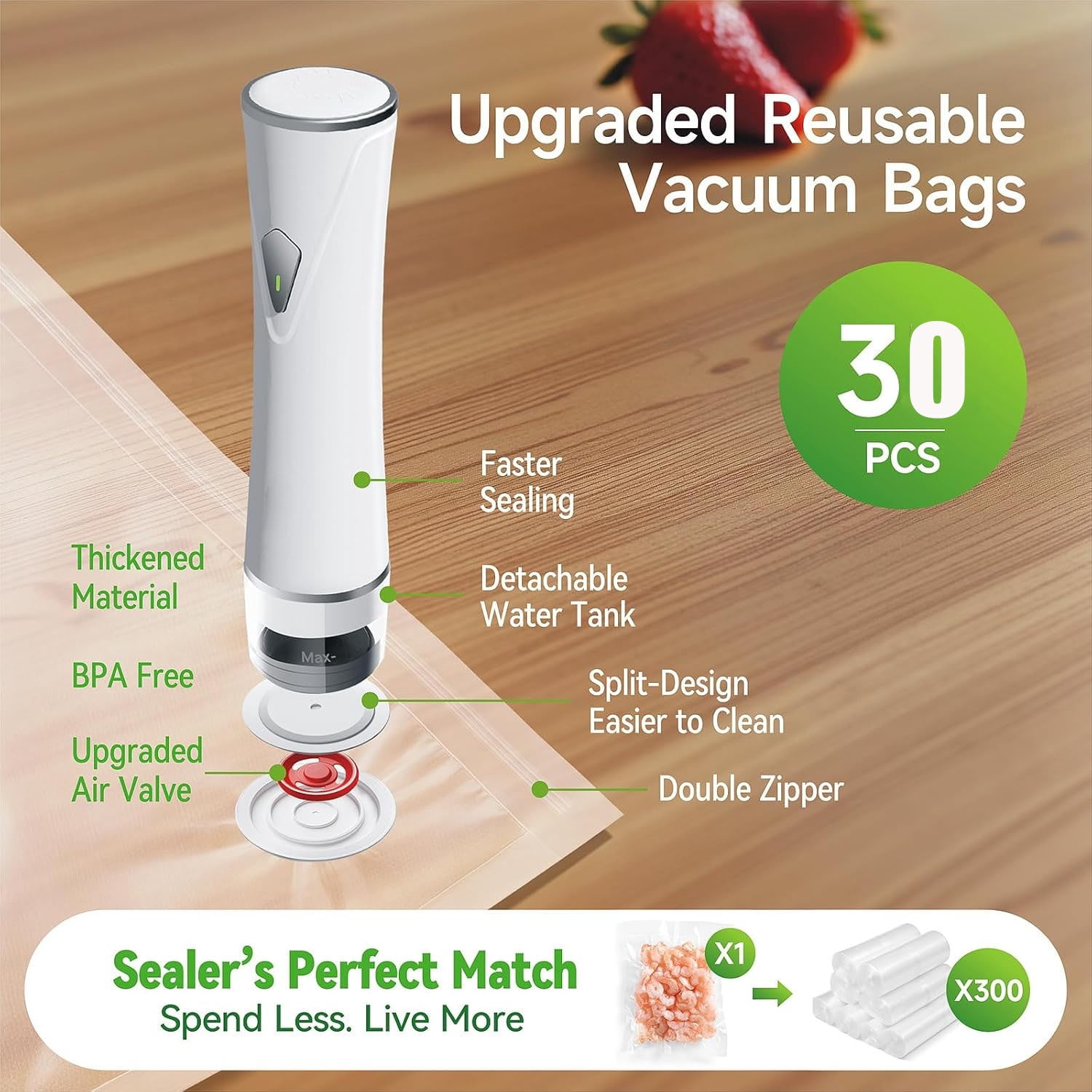 Vacuum Sealer for Food, Handheld Compact Vacuum Sealer Machine with 30 Reusable Bags, Visible Water Tank for 6X Fresh Preservation, for Sous-Vide,Food Saver Storage