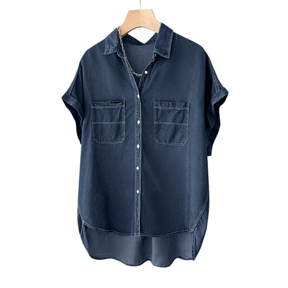 ZANZEA Women Leisure Cuffed Shirt Turn-down Collar Short Sleeve Button Denim Shirt