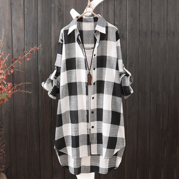 Jackets For Women Fashion Casual Button Cardigan, Long Sleeve Soft Plaid Printed Cotton Shirt, Black 3XL, Size 3XL