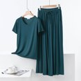 thumbnail image 2 of Women's Modal 2 Piece Pajama Set, Solid Round Neck Short Sleeve Top & Pants, Ruffle Trim Soft Loungewear Set for Home Sleeping Daily Wear Army Green-AA M(M), 2 of 7