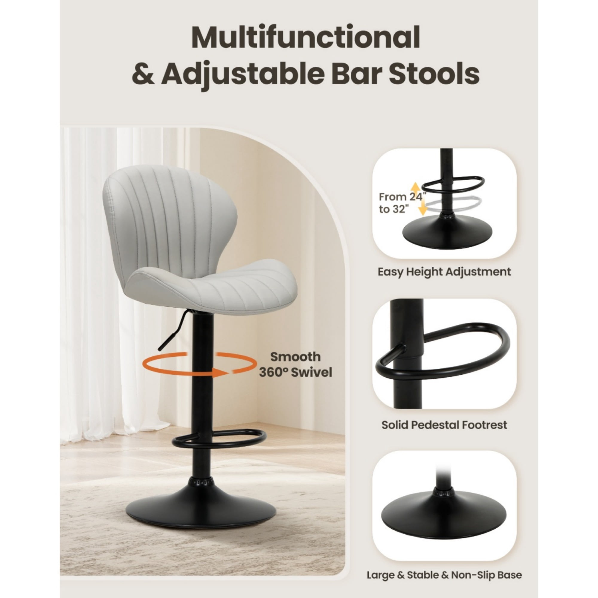 EOP Swivel Bar Stools Set of 4, Modern Upholstered Adjustable Height Counter Stools with Footrest, Faux Leather Upholstered BarStools with Metal Frame, Bar Chairs with Backrest, Gray