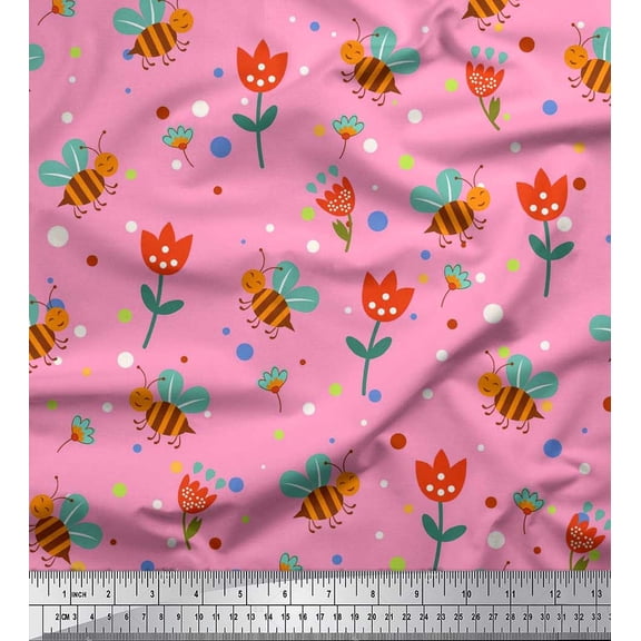 Soimoi Silk Fabric Dot,Floral & Honey Bee Clip Art Print Sewing Fabric Yard 42 Inch Wide